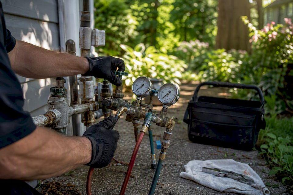 A technician testing an outdoor backflow preventer with pressure gauges