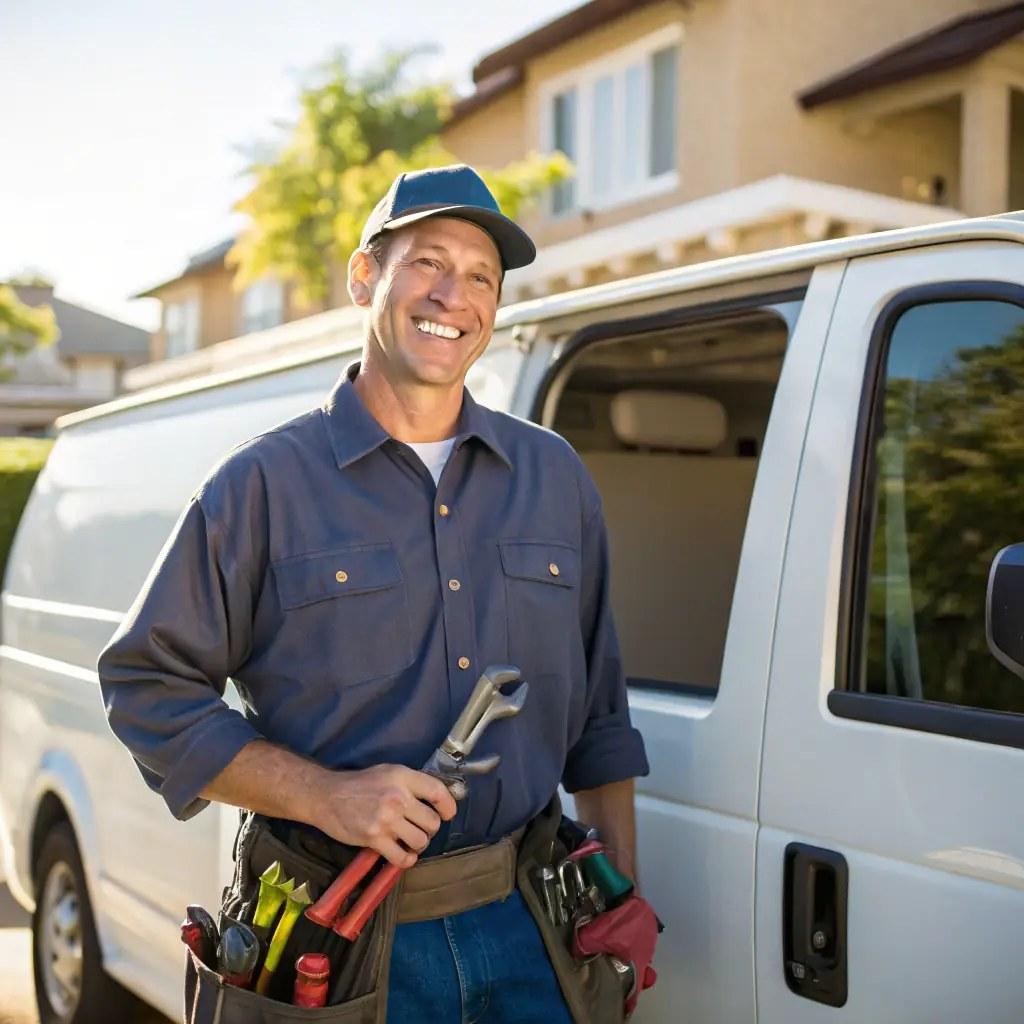 An Absolute Plumbing technician smiling beside a service van, tool belt on and wrench in hand