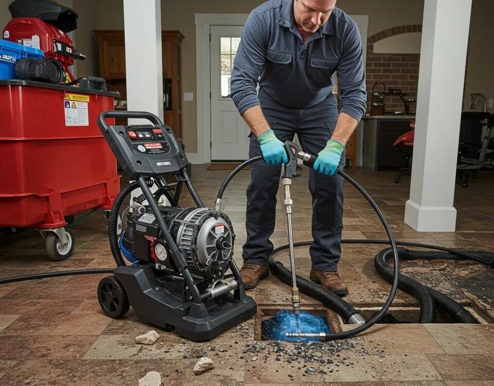 A plumber running a high-pressure jetting machine into a floor drain