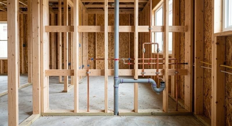 New plumbing roughed in inside the wood framing of a building under construction