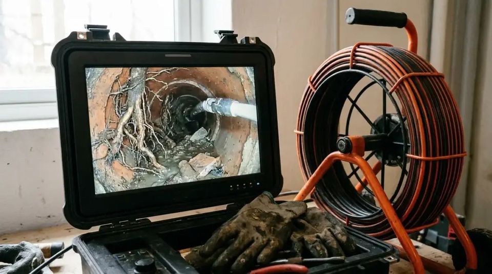 Sewer camera monitor showing tree roots growing inside a pipe, next to the camera reel